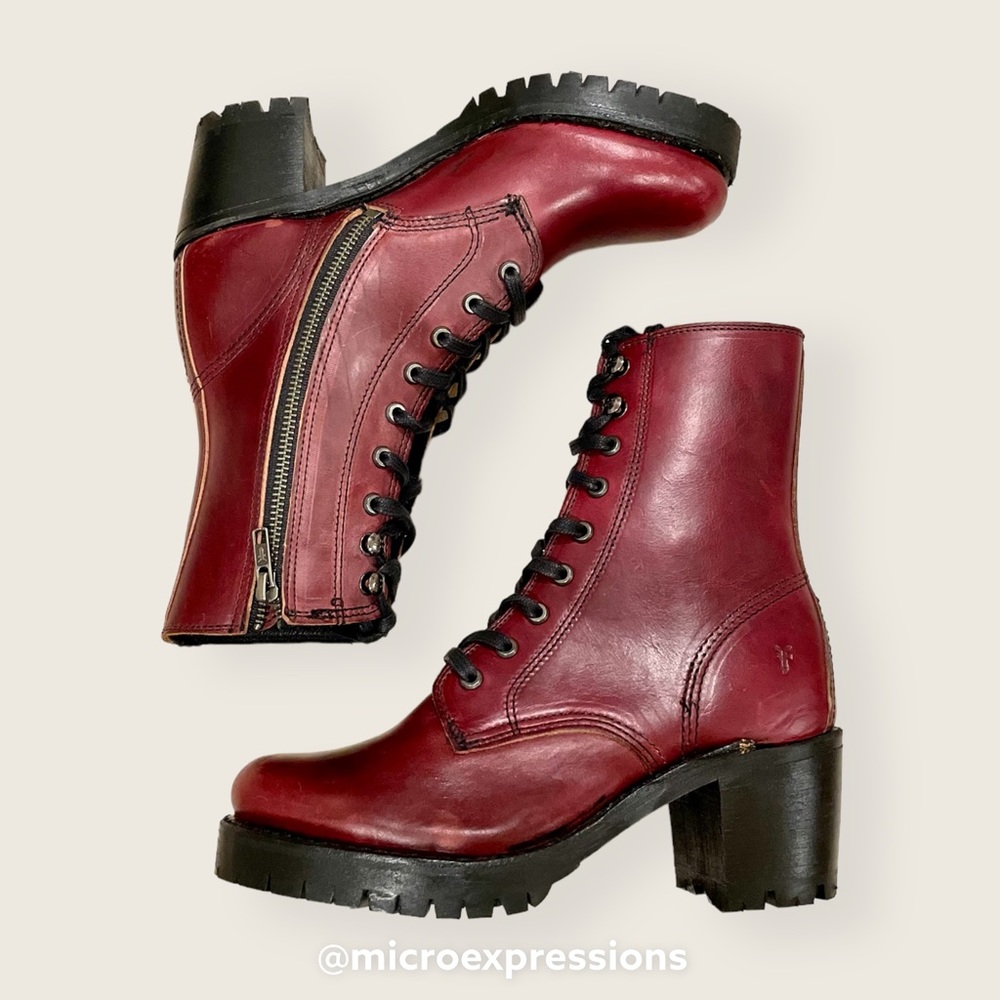$528 Frye Sabrina Moto Oxblood Burgundy Red Lace Up Leather Combat Ankle Boot - Picture 9 of 16